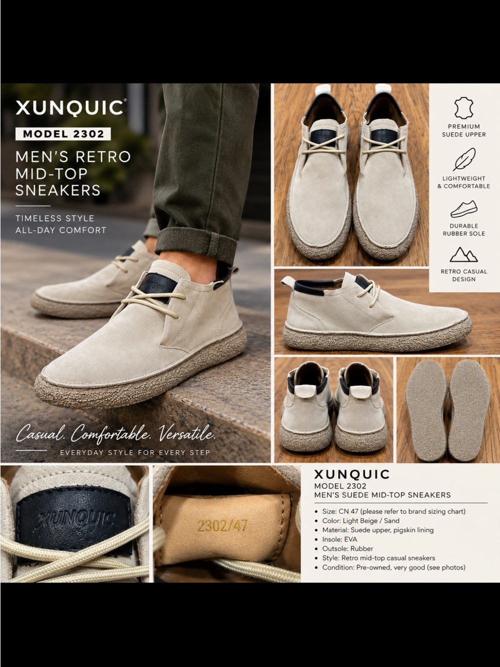 XUNQUIC 2302 Men’s Suede Nubuck Retro Mid-Top Sneakers Beige CN 47